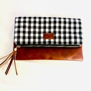 Funky Monkey Brown Leather/buffalo Check Clutch, new without tags
